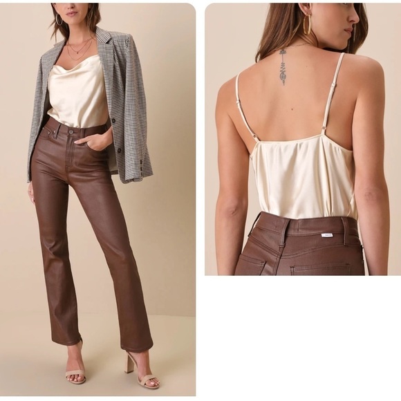 Lulus Emmerson Champagne Satin Sleeveless Cowl Neck Bodysuit - Picture 2 of 11